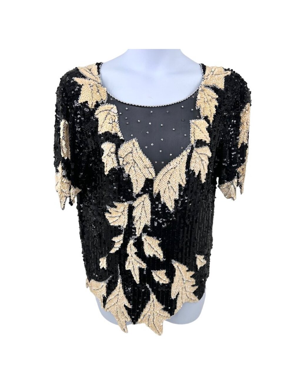 GORGEOUS VINTAGE DOMINIQUE RHINESTONE SEQUINS BEAD & TINY PEARL LEAF PATTERN TOP